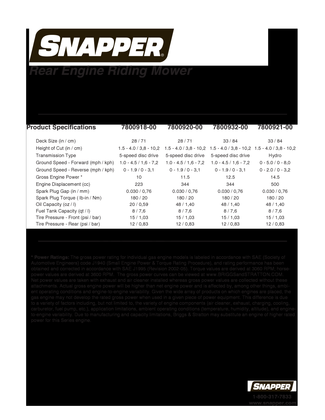Snapper 7800920-00 Product Specifications, 7800918-00, 7800932-00, 7800921-00, Reproduction, Rear Engine Riding Mower 
